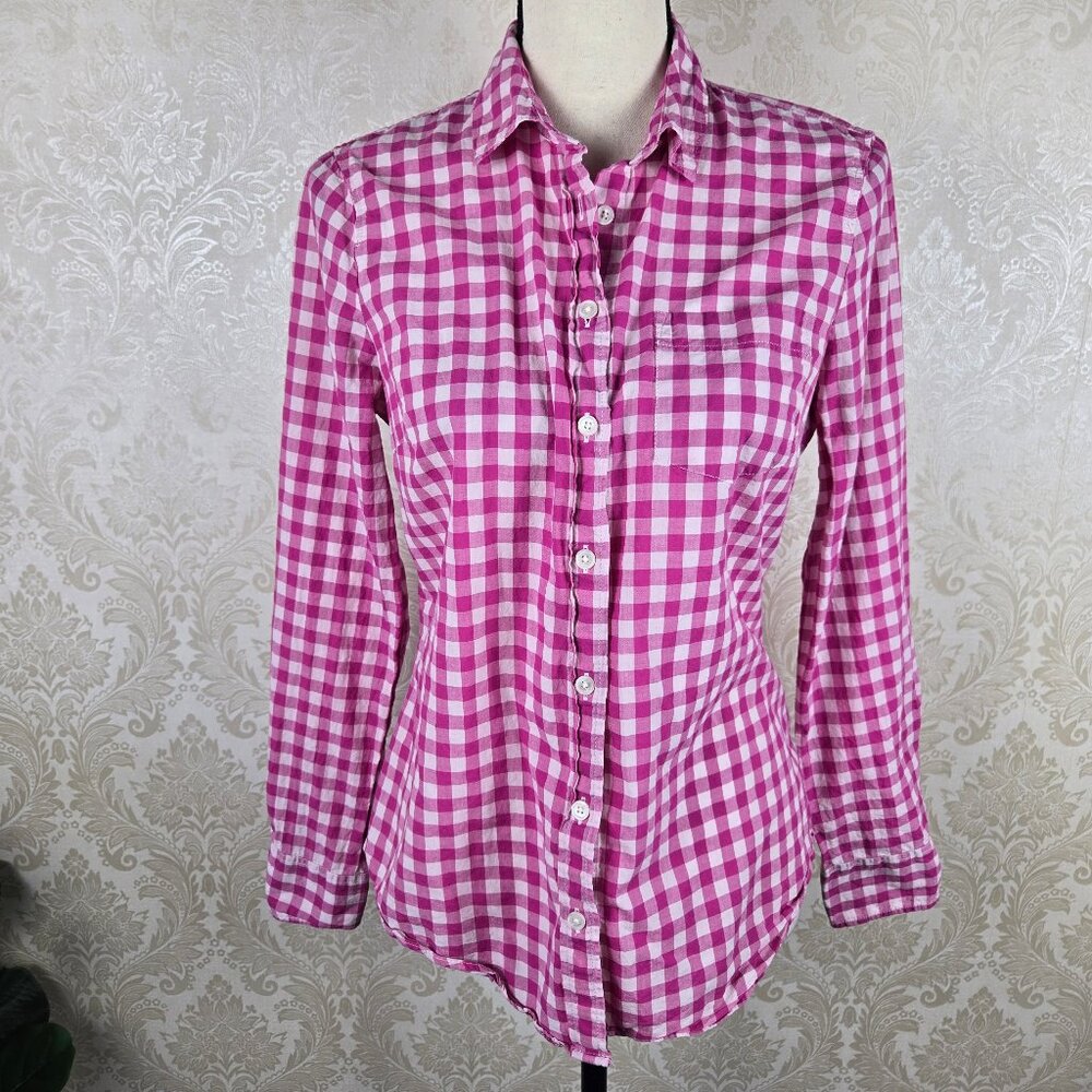 J Crew Size Small Pink White Gingham Check Button Down Shirt Long Sleeve Rd Hem